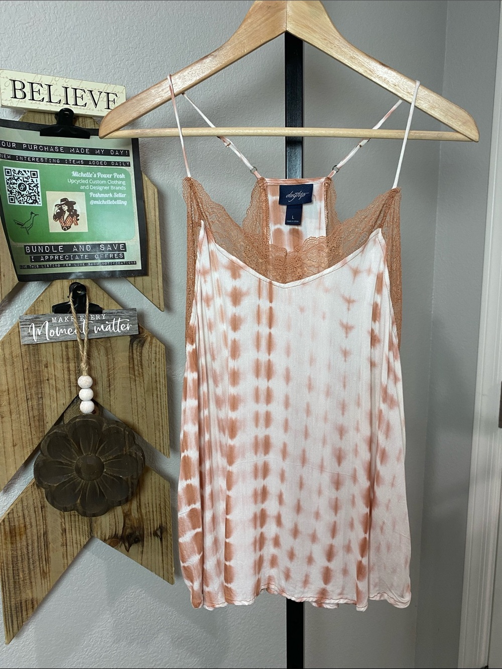 Daytrip White and Rust Tie-Dye Lace Trim Tank Top